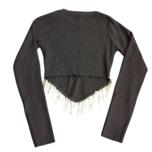 Top With Rhinestone Fringe Hem Black Ribbed Long-Sleeve Womens - Picture 2 of 9